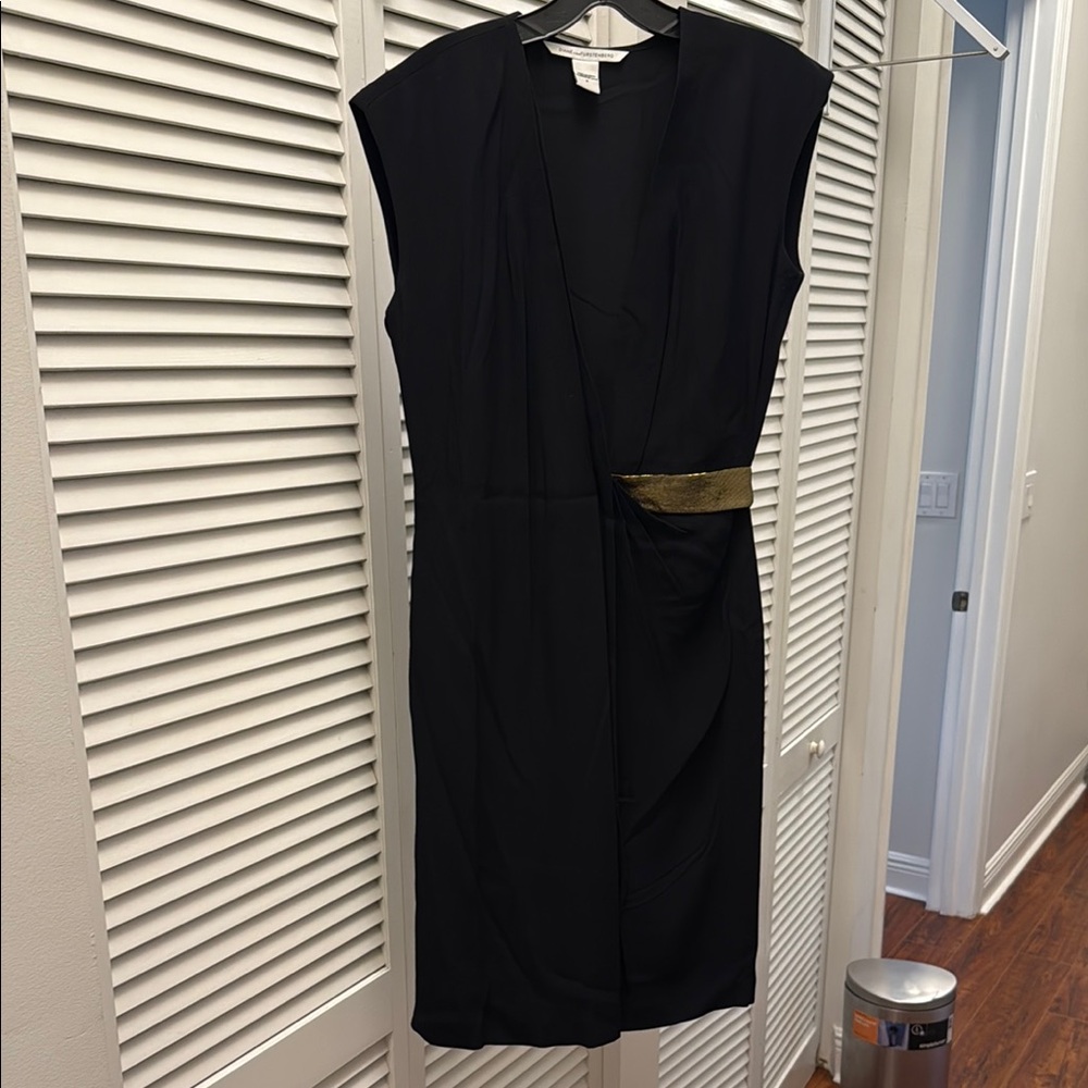 Diane Von Furstenberg Black and Gold Embellished Sheath Midi Dress